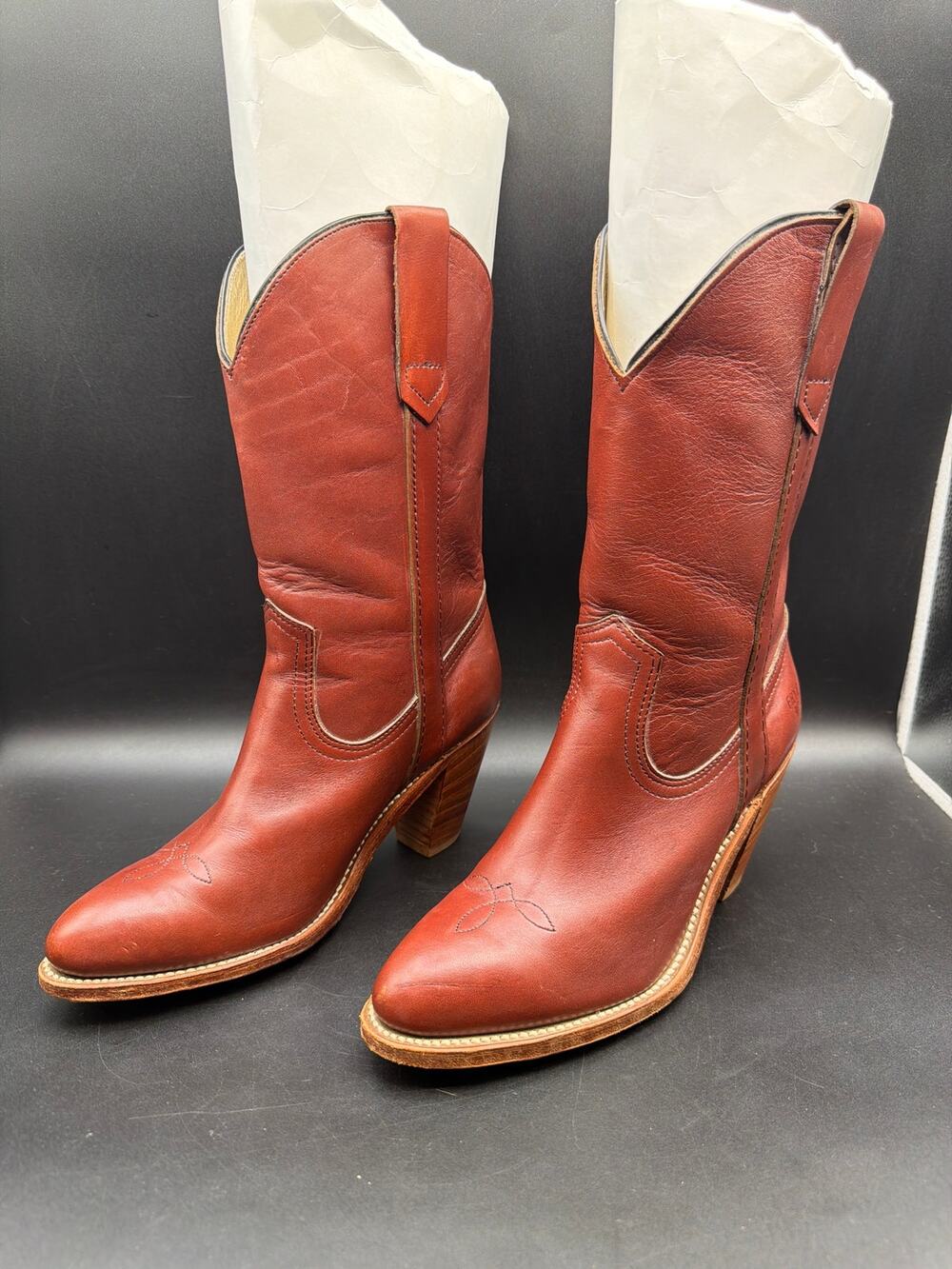 Vintage Frye 7893 Made USA Leather Western Boots Womens 7.5 B Brown Pull On